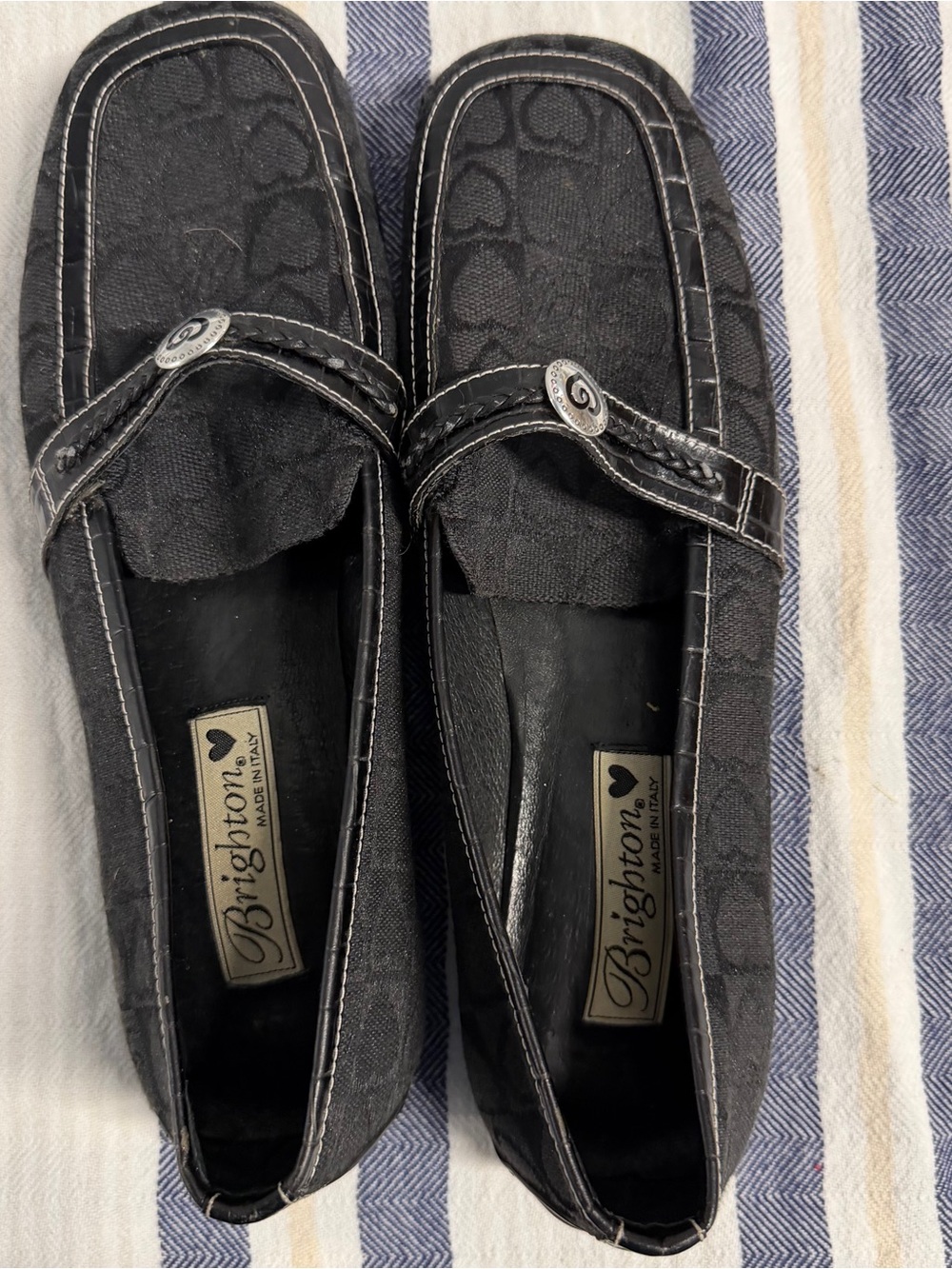 Brighton Black Monogram Slip On Loafers Shoes Made in Italy Leather Trim